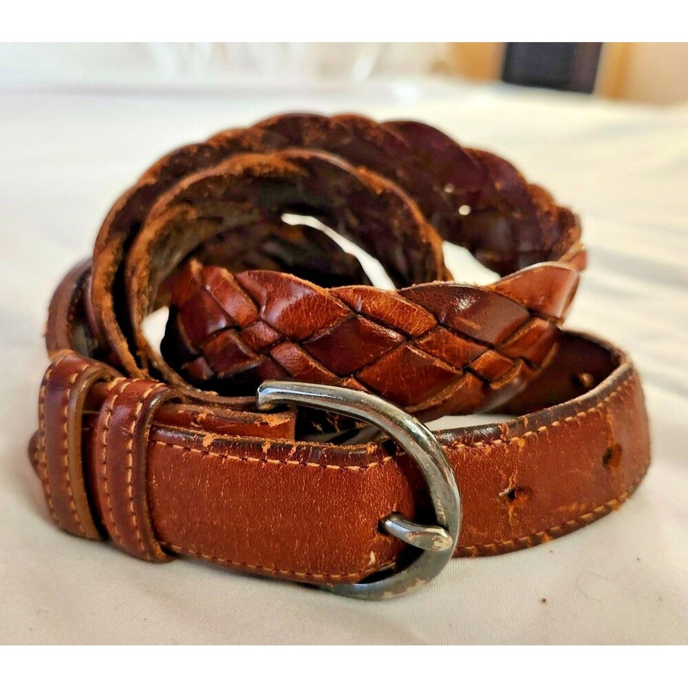 Coach Vintage Braided Leather Belt 36 British Tan Silver Buckle Y2K Boho Western